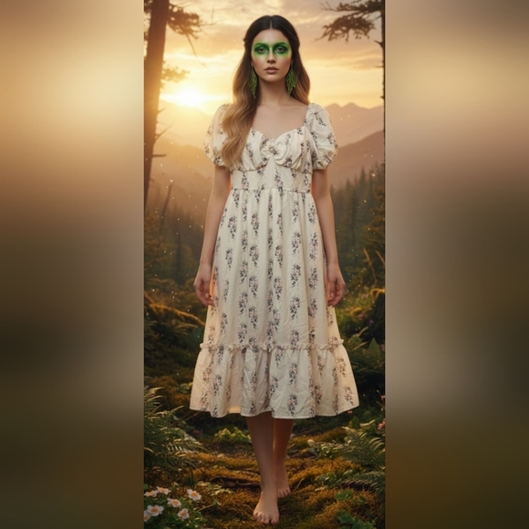 Milkmaid Peasant Fairy Maxi Dress Jewel Broach Size Large Ruffle - Picture 2 of 10